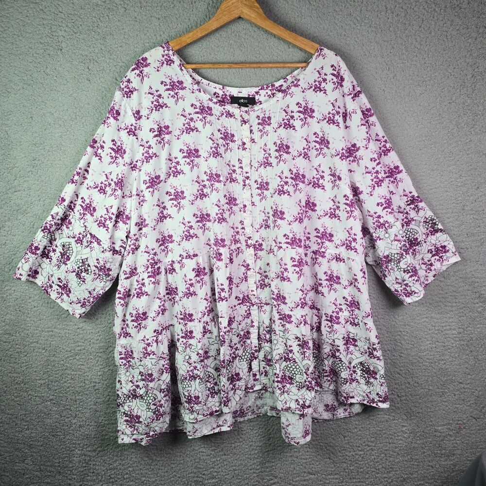 Ellos Button Front Blouse Purple Floral Cotton 5X Plus Size 3/4 Sleeve